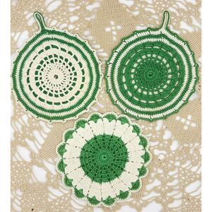 Lot of Three Vintage Green White Crochet Trivets Hot Pads St. Patrick's Day